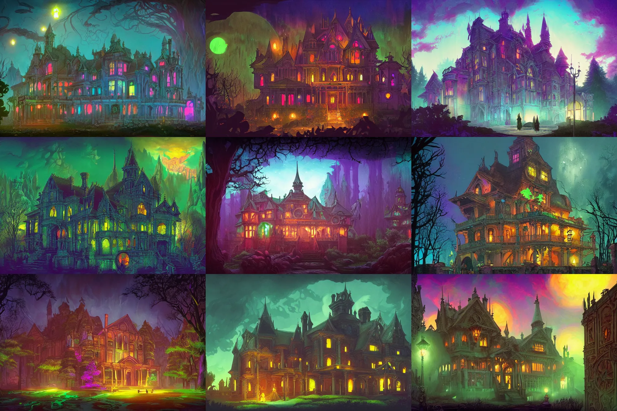 Prompt: matte painting, haunted mansion, stained glass!! infographic with illustrations!!!, glowing lights, epic fantasy, colorfully, digital art, highly saturated colors, concept art, detailed illustration, hd, 4 k, digital art, greg rutkowski, dan mumford, studio ghibli trending on artstation