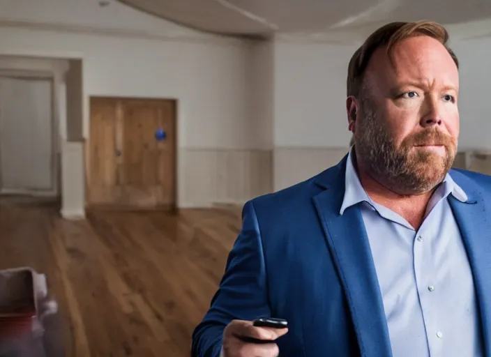 Image similar to dslr photo still of infowars host alex jones in a blue suit fat beard and mustache sitting depressed in a room filled to the ceiling with cell phones, 5 2 mm f 5. 6