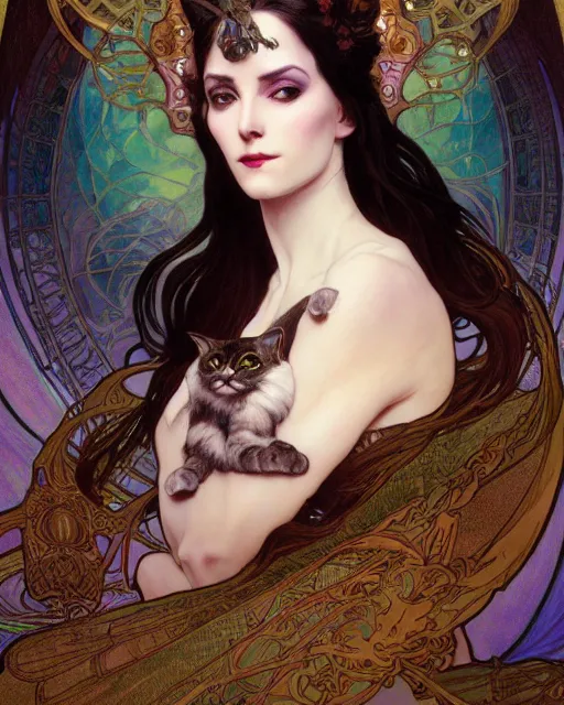 Prompt: wlop and alfons mucha detailed portrait digital rococo painting of a beautiful serious cat wearing fantasy clothing like liliana vess, villainess has black angel wings, evil mood, hellish battlefield in the background, unreal engine, embers flying, hyper realism, realistic shading, cinematic composition, blender render, octane render, ultrawide shot