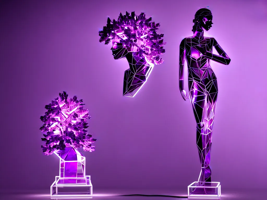 Image similar to beautiful mannequin sculpted out of amethyst by billelis + lit with purple 3 d geometric neon + chrome geometric cubed bonsai plants!!!!, doorway opening with neon pink geometric light, clean linework, dramatic, finely detailed, rule of thirds, moody, confident, award winning, 4 k, trending on artstation, photorealistic, volumetric lighting, octane render