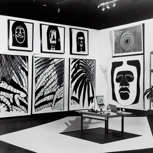 Image similar to A black and white photo in sérigraphie of an exhibition space with works of Sun Ra, Marcel Duchamp and tropical plants, 60s style, art magazine