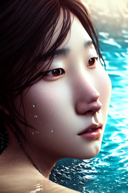 Prompt: beautiful half body portrait of hoyeon jung, face emerging from pool of water with high detail, 8 k, stunning detail, photo by artgerm, greg rutkowski and alphonse mucha, unreal engine 5, 4 k uhd