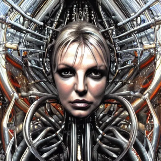 Image similar to britney spears encased in biomechanical machine, heavy conduits, complex scene, rich composition, heavy in detail, evil, corruption, decay, grime, smooth, sharp focus, airbrush, illustration, symmetrical, portrait, art by h. r. giger