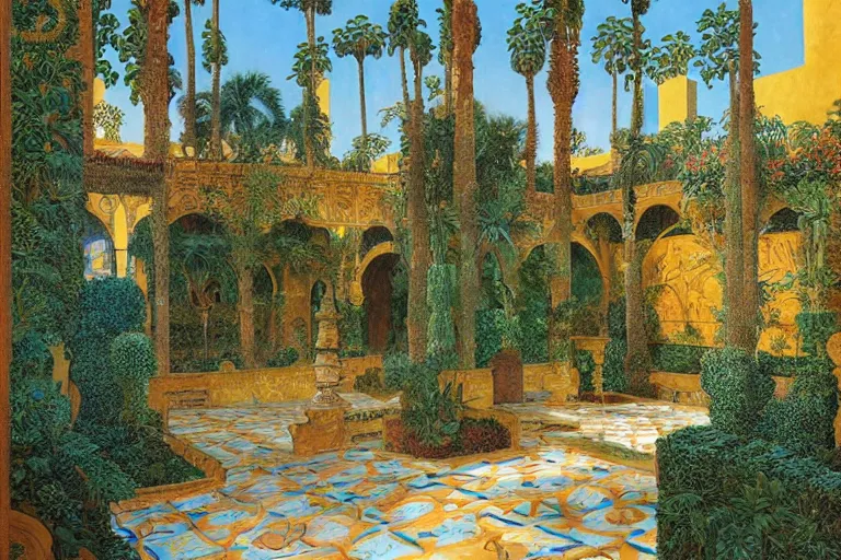 Prompt: painting of a beautiful moorish palace courtyard garden, by donato giancola and maxfield parrish and evelyn de morgan and rudolf ernst, patterned tilework, palm trees, tiled fountains, extremely detailed, cinematic lighting, smooth sharp focus