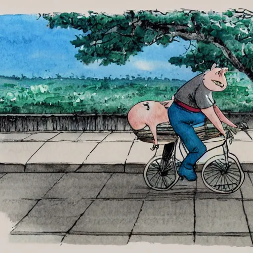 Image similar to a pig riding a bicycle on the road by the seaport,detailed watercolor pen ink illustration by Hayao Miyazaki, key visual official media
