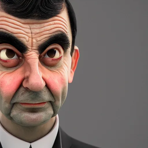 Image similar to a mr bean portrait, rain, neon, beautiful, rendered in octane, unreal engine, cinematic