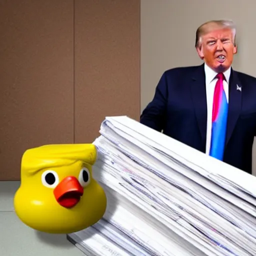 Prompt: photo of trump trying to hide a safe full of classified documents holding a rubber ducky