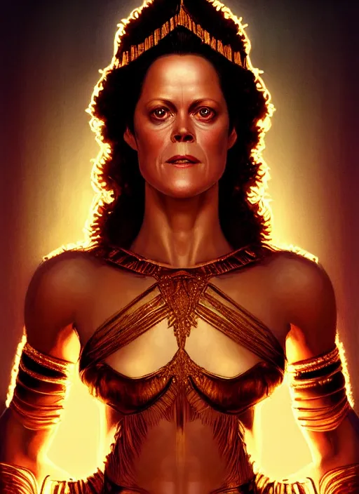 Image similar to portrait of young sigourney weaver as dejah thoris, intricate, elegant, glowing lights, highly detailed, digital painting, artstation, glamor pose, concept art, smooth, sharp focus, illustration, art by artgerm and greg rutkowski, artey freytag