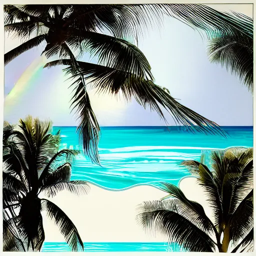 Image similar to miracle musical Hawaii part ii album cover, showing an ocean in the background, spiral transparent stairs on the left with tall palm trees behind it, a slight rainbow in the background, white outline border, moon in the right top area black and white except for the rainbow album cover