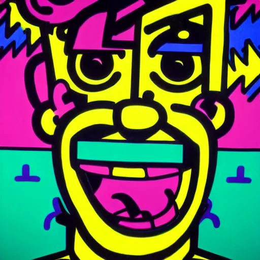 Image similar to pop art of someone taking a selfie smiling during the apocalypse, bright neon colors, intricate details, complementary colors, detailed face, backlighting, octane render, depth of field, extremely detailed, trending in artstation, focus on face, sharp focus, radiant light, beautiful composition, drawn by roy lichtenstein, keith haring, romero britto