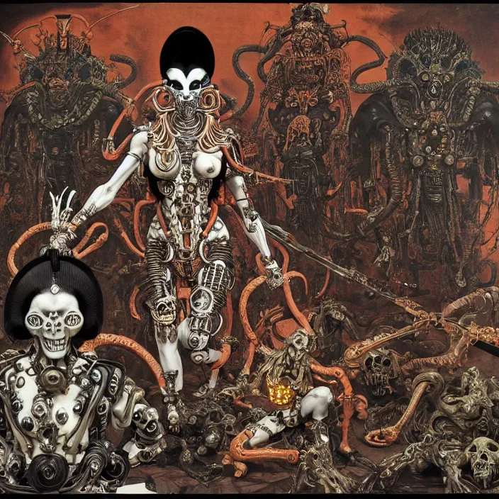 Image similar to still frame from Prometheus by Utagawa Kuniyoshi, death god Kali Durga as Dr doom in ornate bio cybernetic bone armour in front of burning souls and pile of alien skulls by Wayne Barlowe by peter Mohrbacher by Giger, dressed by Alexander McQueen and by Neri Oxman, metal couture hate couture editorial