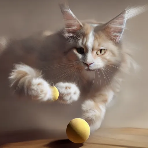 Prompt: cream color maine coon cat chasing a cat-toy-ball in a sunlit bedroom, in style of Ruan Jia, fantasy, trending on art station