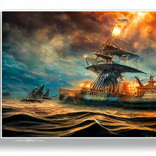 Image similar to mystical ship with kraken pulling it underwater, beautiful composition, wide angle, colorful, cinematic, volumetric lighting, intricate details painting