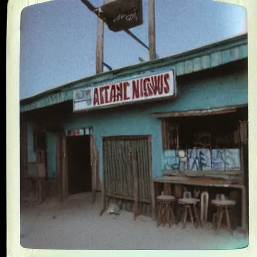 Image similar to old polaroids of taverns in northern namibia with neon signage