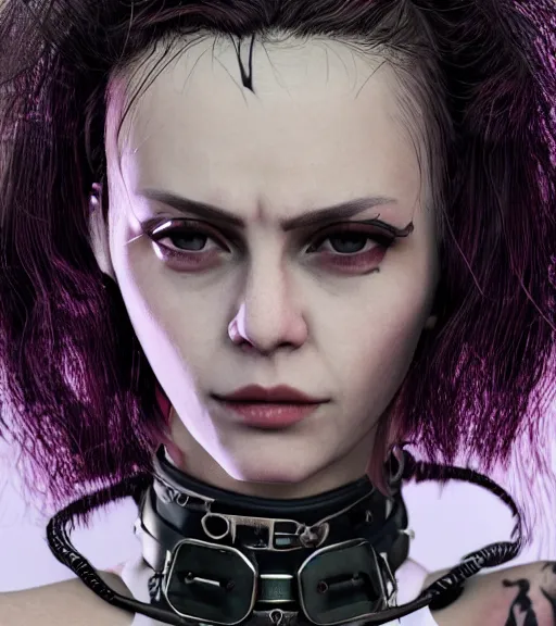 Image similar to detailed realistic female character cyberpunk wearing thick steel collar around neck, realistic, art, beautiful, 4K, collar, choker, collar around neck, punk, artstation, detailed, female, woman, choker, cyberpunk, neon, punk, collar, choker, collar around neck, thick collar, tight around neck, punk,