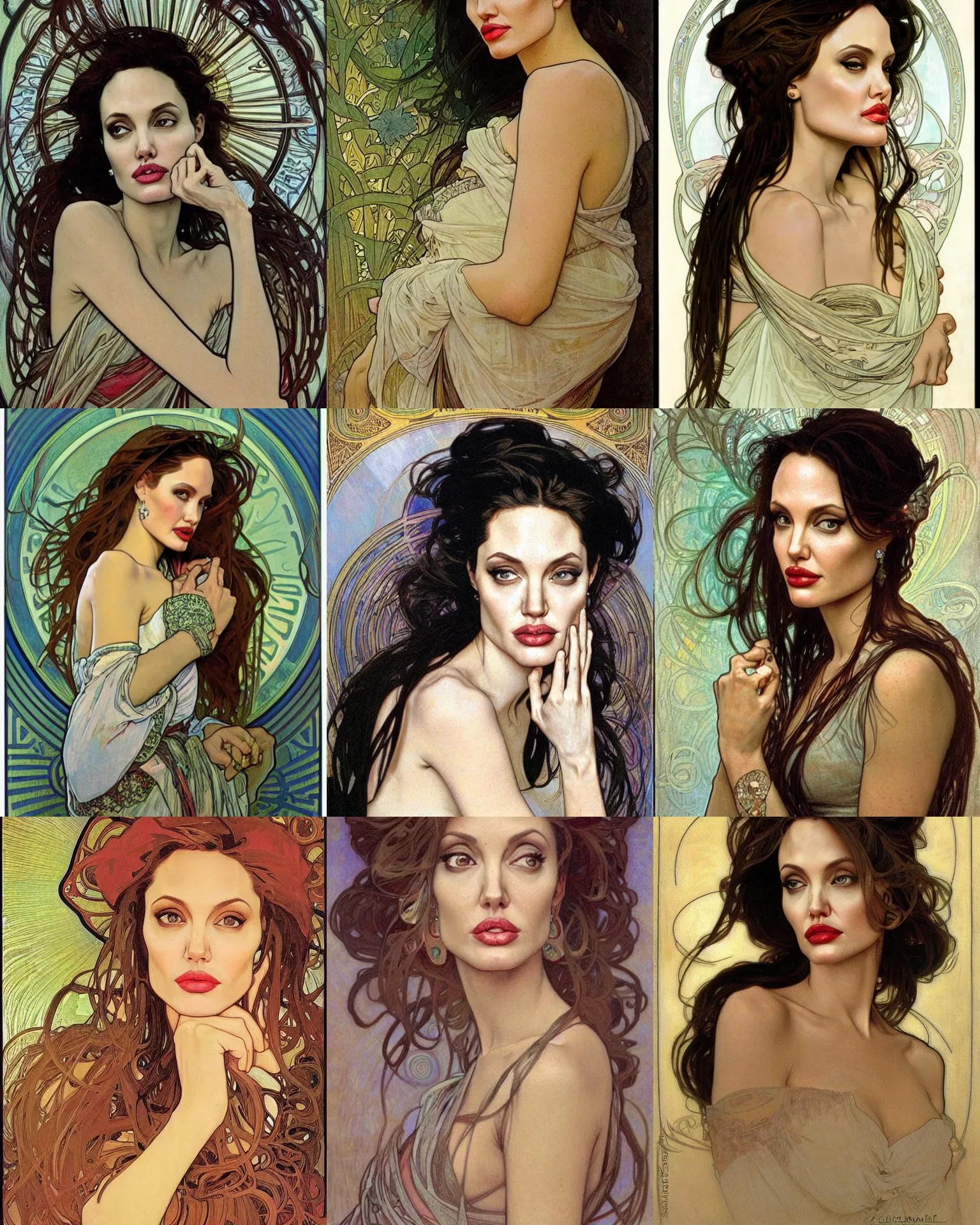 Prompt: Portrait of a Beautiful angelina jolie, Alphonse Mucha, Detailed