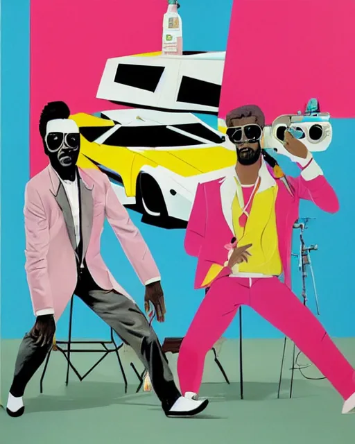 Image similar to Crockett and Tubbs and a white Countach, Miami Vice (1984), in the style of Alex Yanes and John Kricfalusi and Damien Hirst, muted pastel neon color surrealist cubist, tense design, detailed painting, spray art, spatter, collage, isolated on white, juxtapoz magazine, cartoon brew, golden ratio, rule of thirds