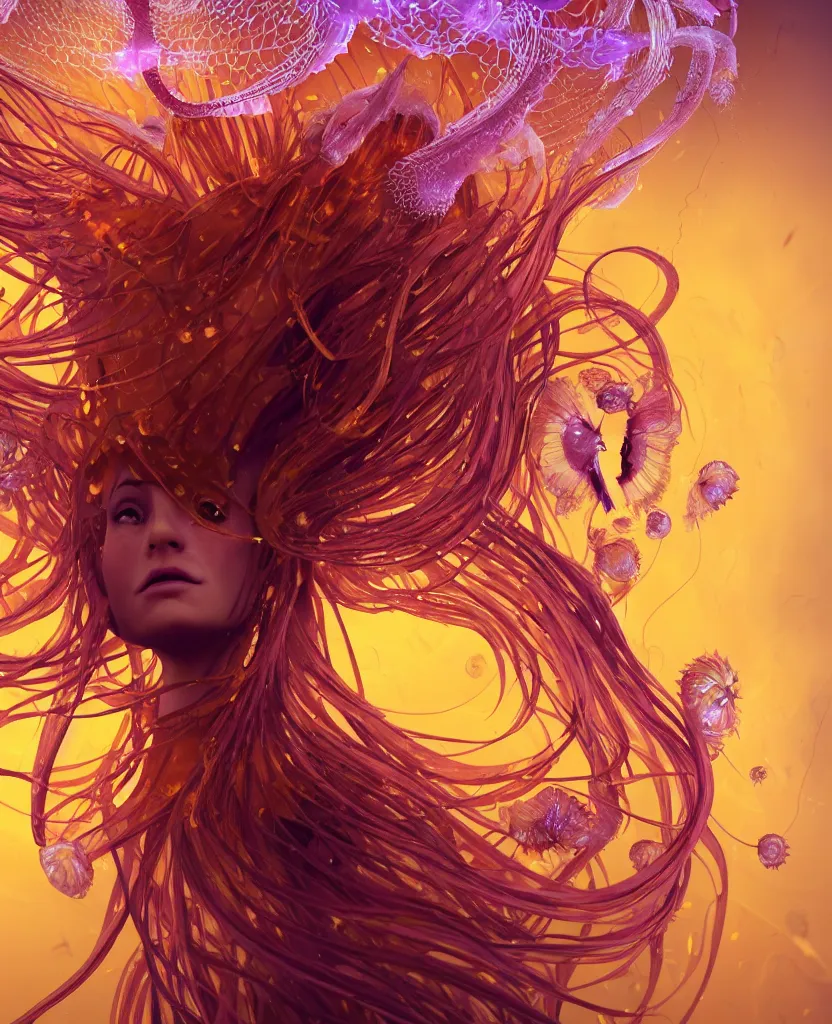 Image similar to close-up portrait of the face of a beautiful princess in a twisted flowers jellyfish mask surrounded by energy flow, epic angle and pose, symmetrical artwork, 3d with depth of field, blurred background, floating jellyfish skull phoenix bird, translucent, nautilus, energy flows of water and fire. a highly detailed epic cinematic concept art CG render. made in Maya, Blender and Photoshop, octane render, excellent composition, cinematic dystopian brutalist atmosphere, dynamic dramatic cinematic lighting, aesthetic, very inspirational, arthouse. y Greg Rutkowski, Ilya Kuvshinov, WLOP, Stanley Artgerm Lau, Ruan Jia and Fenghua Zhong