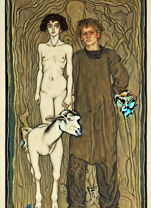 Prompt: boy, girl and a goat, by austin osman spare, high resolution