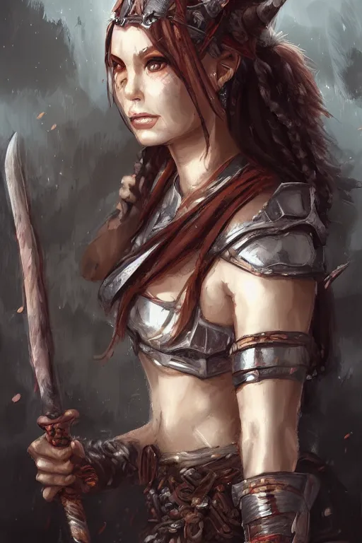 Prompt: head and shoulders portrait of a barbarian female high fantasy dnd by wlop