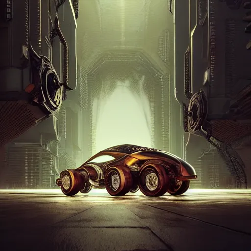 Prompt: cyborg cyber vintage supercar slick warm tones : by michal karcz, daniel merriam, victo ngai and guillermo del toro : ornate, dynamic, particulate, intricate, elegant, highly detailed, centered, artstation, smooth, sharp focus, octane render