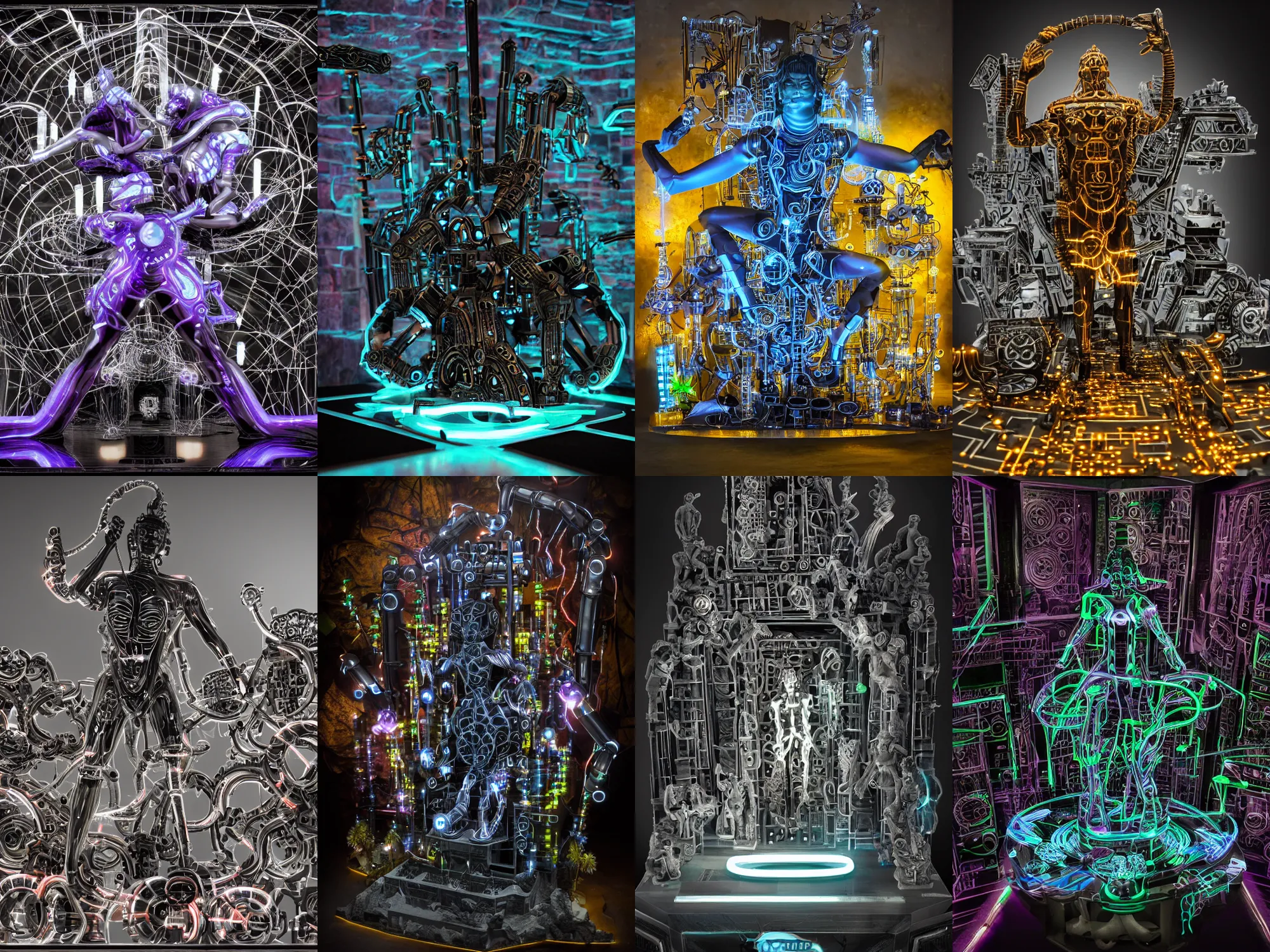 Prompt: epic dark studio tron sculpture shooting at Khajuraho, black, octane, rimlight, by david lachapelle, godes sculpture, made from electric condensators Shiva, veins, vibrant, flat shaped chrome relief, fossil, MINIATURE CITY, mechanic bionic fungus flower mechabot, maze, tubes, joints, buttons, gears, relief by Goga Tandashvili, by Wayne Barlowe, cinematic