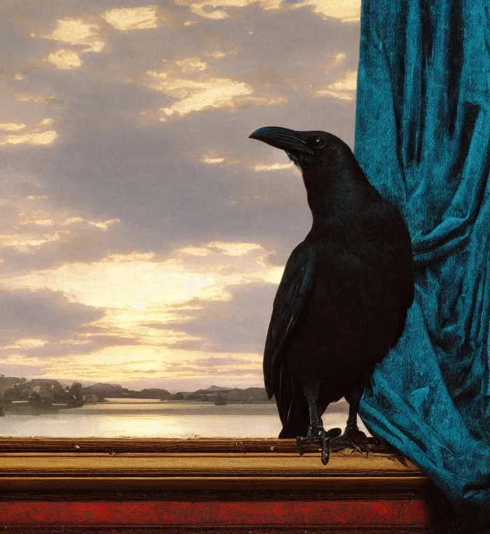 Prompt: a beautifully photoreal clear detailed victorian portrait of a close up raven on a victorian windowsill with an ornate velvet dark teal curtain at beautiful sunset daytime nature sunlit painting by frederic leighton and turner and morris and rosetti, humerous, cheeky, 8 k, octane render