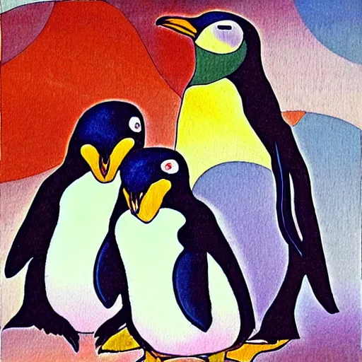 3 penguins in the style of art nouveau. lively. | Stable