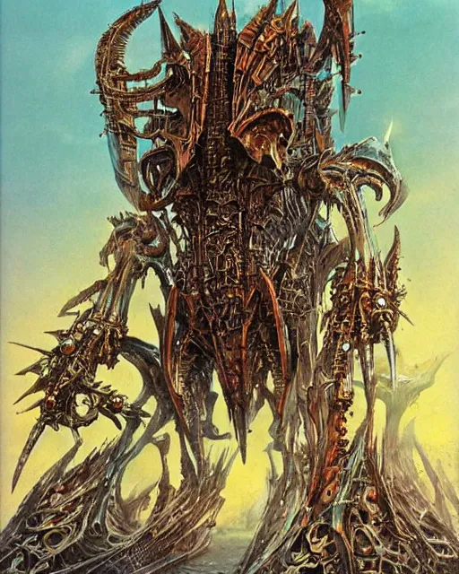 Prompt: biomechanical warhammer final boss, art by bruce pennington