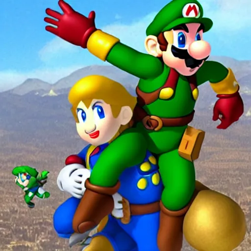 Image similar to mario standing next to link who is riding on samus's shoulders