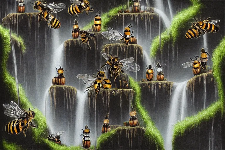 Image similar to gothic escher waterfall favela honeybee hive, subconscious environment, industrial factory, award winning art, epic dreamlike fantasy landscape, ultra realistic,