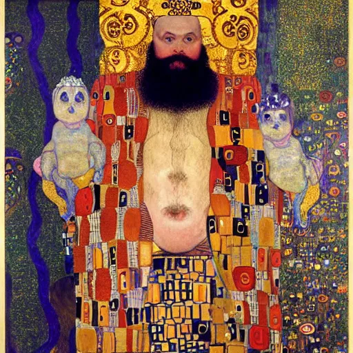 Image similar to by gustav klimt jaunty. a print of a mythological scene. large, bearded man seated on a throne, surrounded by sea creatures. he has a trident in one hand & a shield in the other. behind him is a large fish. in front of him are two smaller creatures.