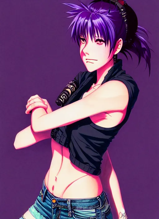 Prompt: revy black lagoon, purple hair, black tank top, jean shorts, tribal sleeve left arm, portrait shinkai makoto, studio ghibli, studio key, hideaki anno sakimichan stanley, artgerm, lau rossdraws james jean marc simonetti pixiv