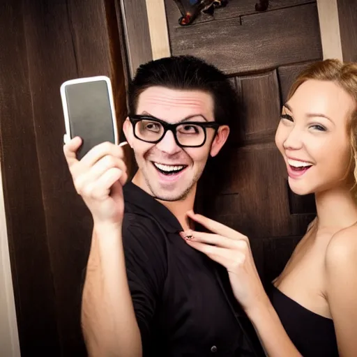 Prompt: a handsome guy and a girl take a selfie in front of a mirror in the bathroom. behind them in the doorway stands a vampire in horn - rimmed glasses with long fangs.