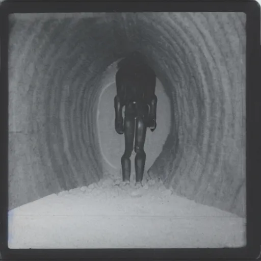 Image similar to a creepy humanoid figure standing in a tunnel, dark, brooding, creepy, backlit from sunlight, real photo taken on Polaroid camera