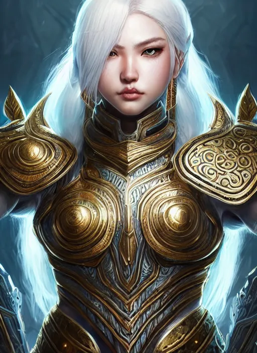 Image similar to warrior, intricate ornate opal heavy armor!!! beautiful and athletic white hair female!! gorgeous face and eyes!! character concept art, sharp focus, octane render! unreal engine 5! highly rendered!! trending on artstation!! detailed linework!! illustration by artgerm, wlop, and chie yoshii