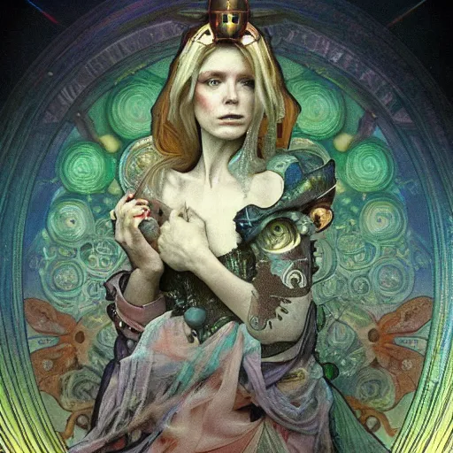 Image similar to realistic bizarre beautiful macabre portrait gothic style in style of hieronymus bosch anne stoke alphonso mucha sharp focus 8 k as a alien etherical holographic queen in an unknown planet