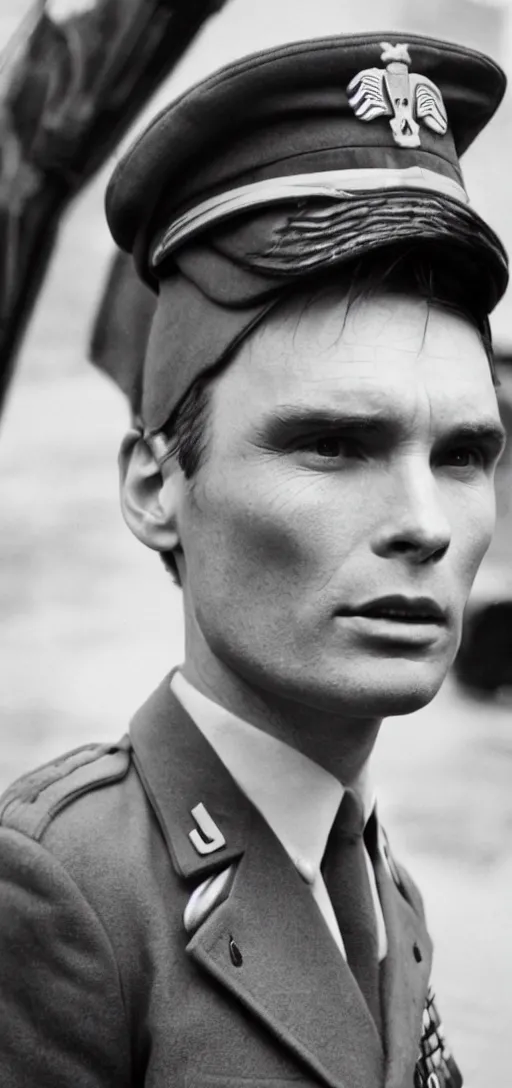 Image similar to cillian murphy in a world war ii uniform, black and white film photography