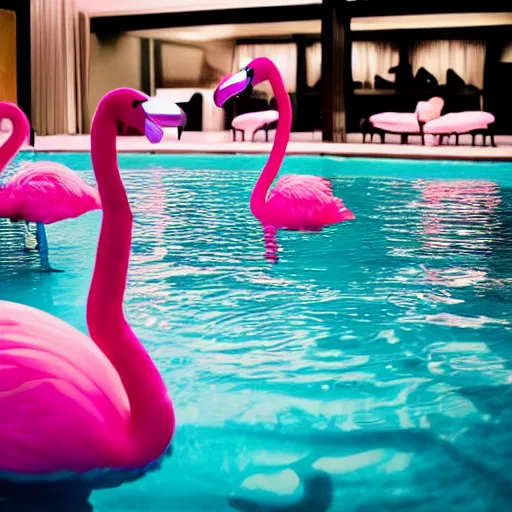 Image similar to dark poolroom liminal space with pink flamingo floaties, liminal photography, bad lighting,