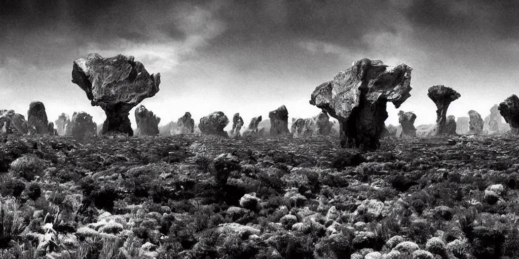 Image similar to an alien world landscape, black and white old photograph