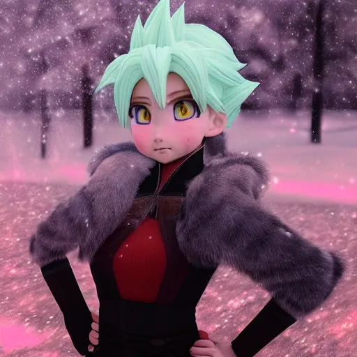 Image similar to portrait focus of super saiyan beautiful 3 d anime girl posing, frozen ice dark forest background, snowing, bokeh, inspired by masami kurumada, octane render, volumetric lighting