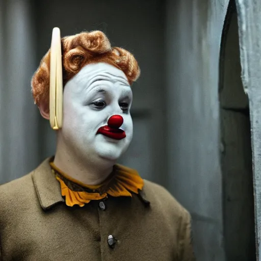 Prompt: a man as a clown in a Roy Andersson movie