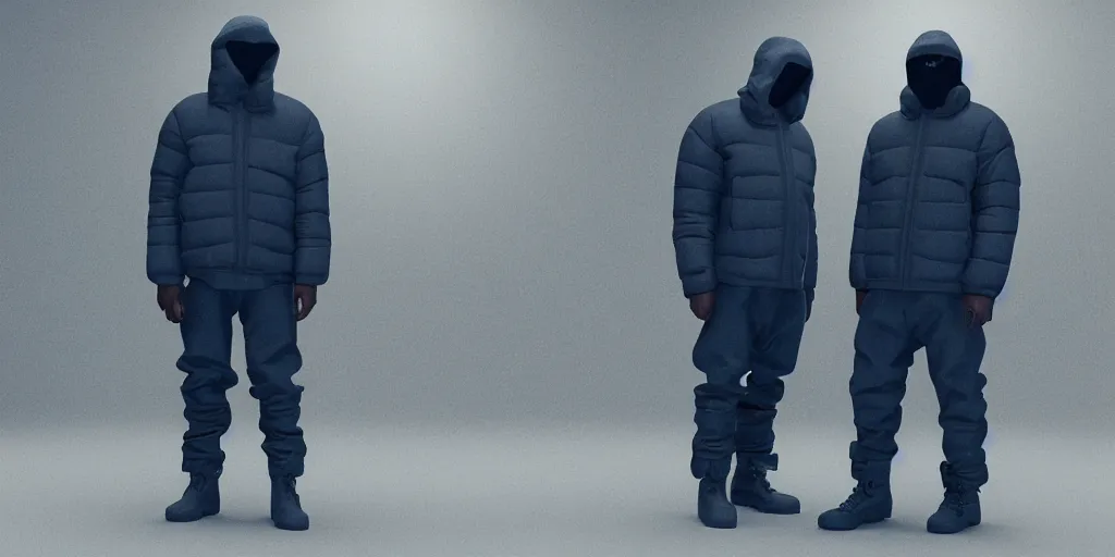 Prompt: kanye west using a full face covering black mask, a small, tight, undersized reflective bright blue round puffer jacket made of nylon, jeans pants and big black balenciaga rubber boots in 3 d, blender, octane render, 3 d render, realistic, unreal engine, trending on sketchfab, studio light, 4 k, 8 k