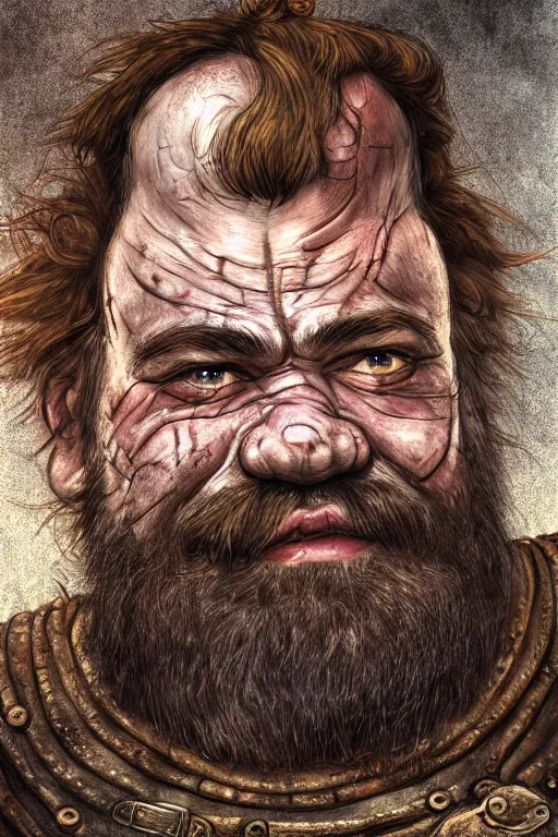 Image similar to head and shoulders portrait of a dwarf adventurer, jovial, scarred lip, grandfatherly, leather armor, male, tavern background, high fantasy, d & d, by klimt, face details, extremely detailed, digital illustration