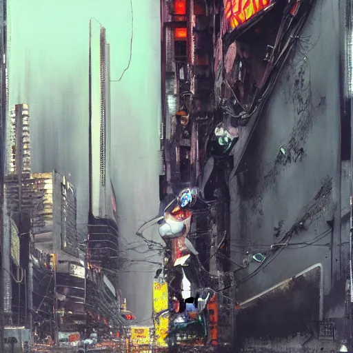 Image similar to a full-metal neon robot sobs when seeing the devastation of cyberpunk La Moneda in Santiago of Chile, oil on canvas by Yoji Shinkawa and Esao Andrews