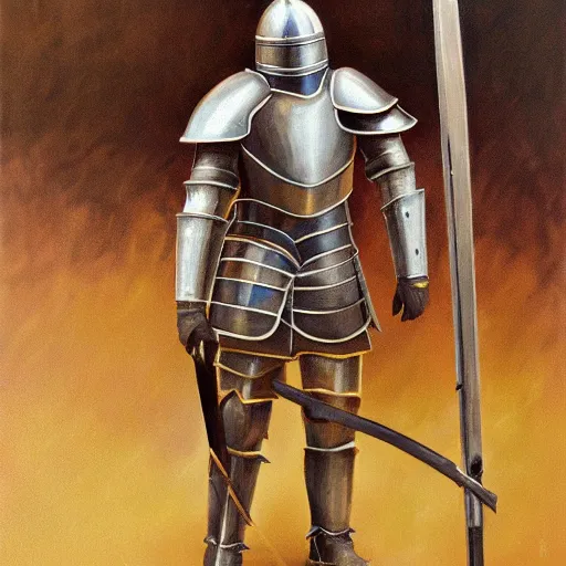 Image similar to a knight in plate armor by pavel sokov, oil painting