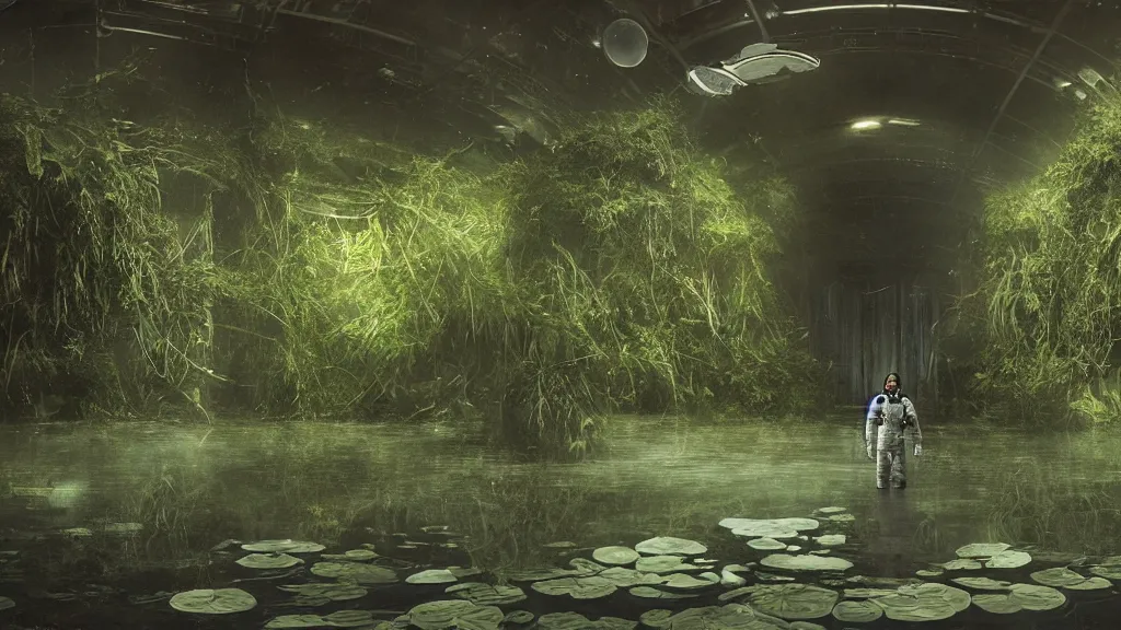 Image similar to Matte Painting of an astronaut in an empty dark flooded ballroom overgrown with aquatic plants, film still from the movie directed by Denis Villeneuve with art direction by Salvador Dalí, wide lens, dark and foreboding.