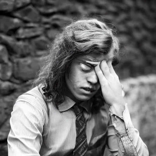 Image similar to Portrait of a terrified young man on the verge of tears in 1930s attire with long hair cornered against a stone wall. He is looking utterly panicked and distressed. 4K sigma 85mm