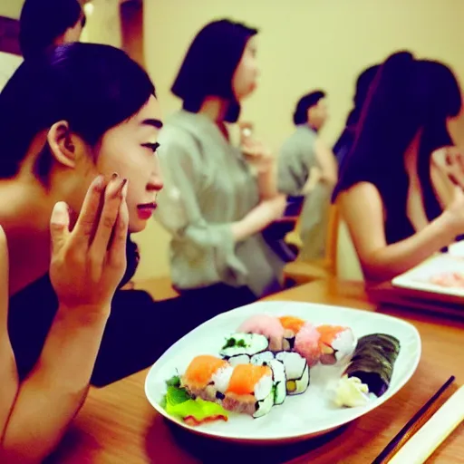 Prompt: photo of a beautiful Japanese girl eating sushi, symmetrical, golden ratio, happy,