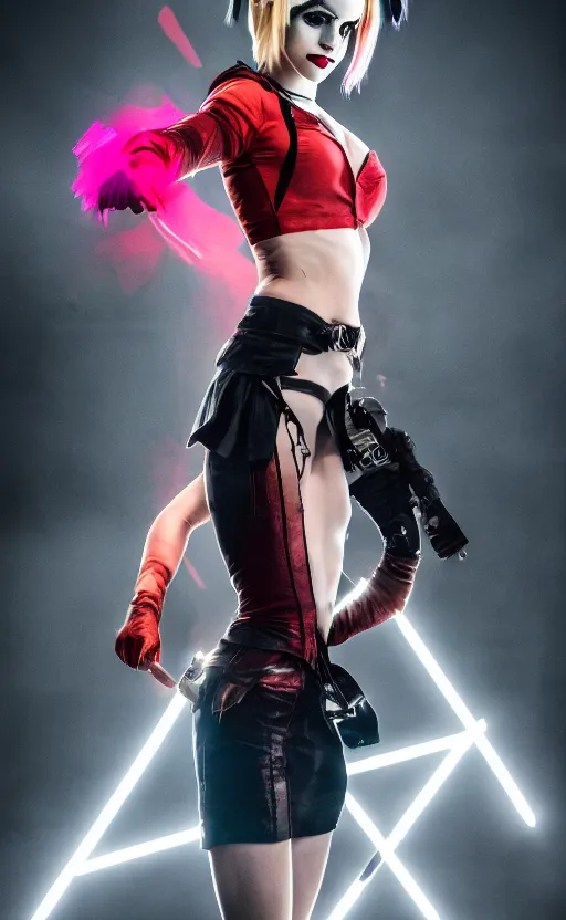 Image similar to Emma Watson as Harley Quinn, glowing, dramatic, cinematic, Sony a7R IV, symmetric balance, polarizing filter, Photolab, Lightroom, 4K, Dolby Vision, Photography Award